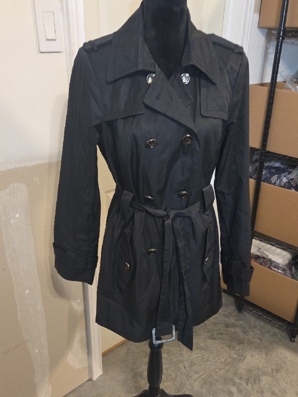 Women's Mid Length Hooded Double-Breasted Trench Jacket Coat Belted Black